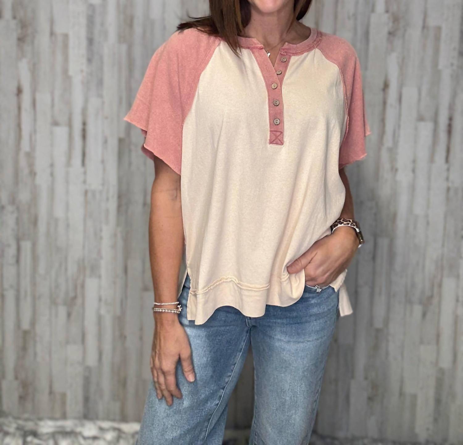 Easel Brynn Color Block Top in pink - women's t-shirt