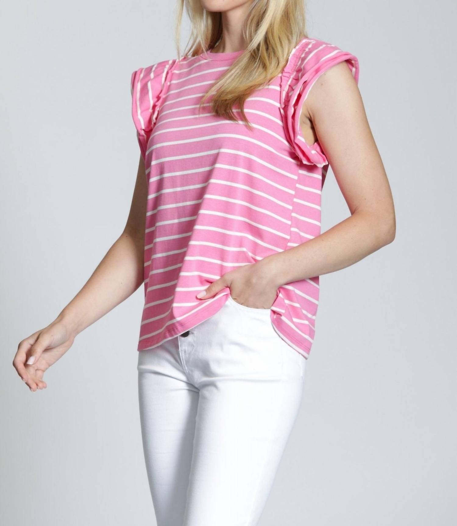 APNY Ruffle Cap Sleeve Tee in pink stripe - women's blouse - detail view