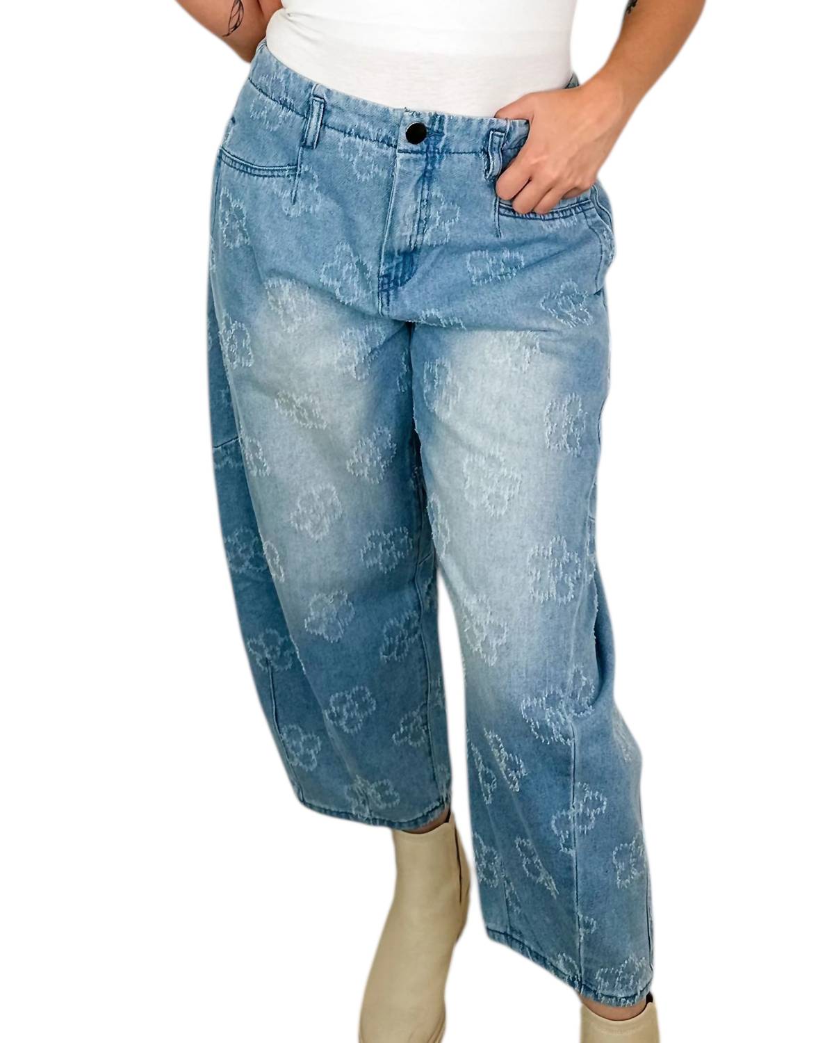 Easel - Pushing Petals High-rise Cotton Barrel Leg Jeans