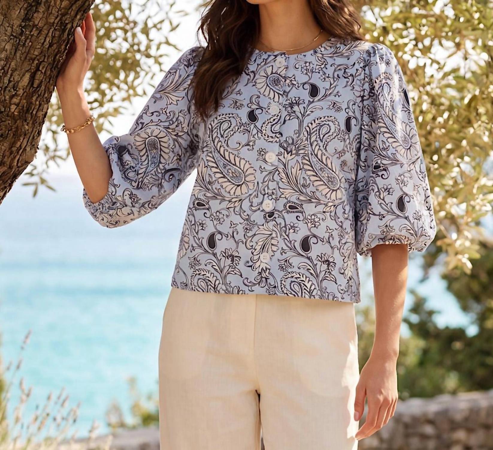 Karen Kane - Puff Sleeve Button Front Top
