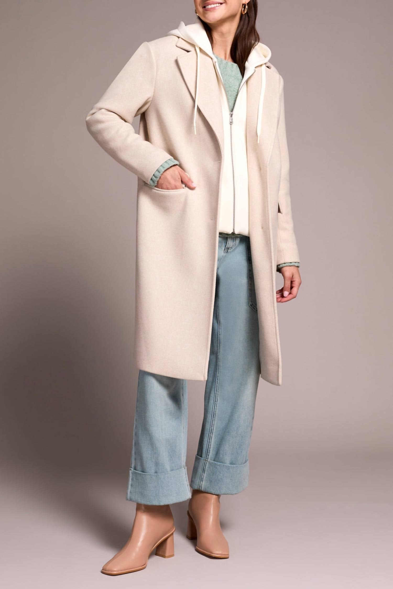 TRIBAL Fooler Hood Trench Coat - Plus in oatmeal - women's jacket - alternate view