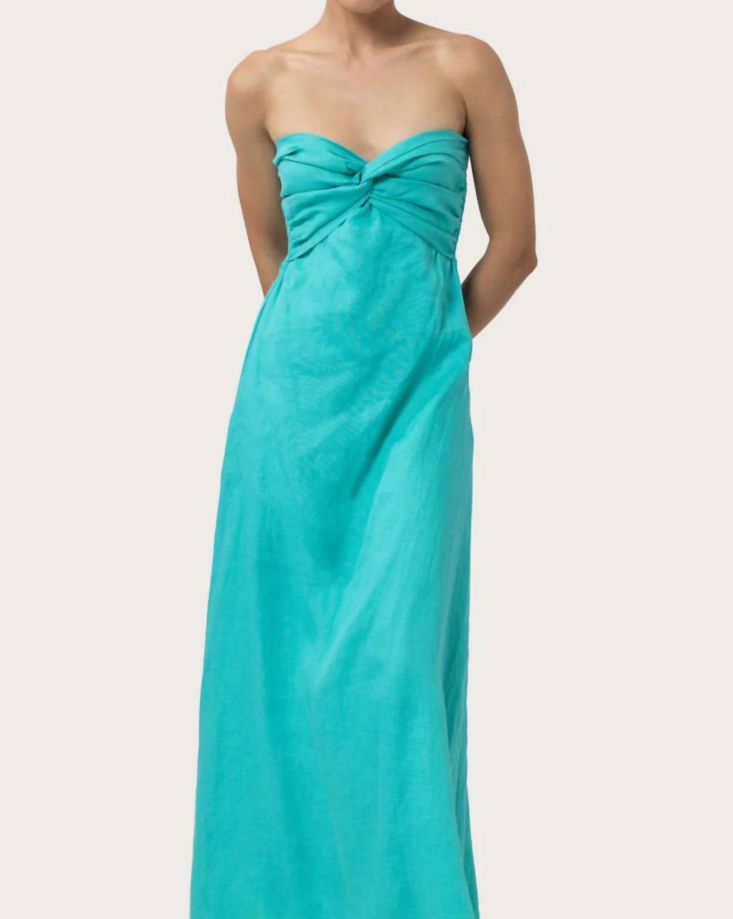 LUSANA Melody Linen Maxi Dress in laurel teal blue - women's dress - detail view