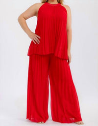 Karen T Design - Pleated Sleeveless Blouse And Elastic Waist Pleated Wide Leg Pants Set