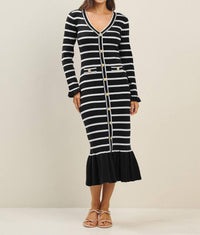 ABLE Striped Knit Dress with Ruffle Hem in black - women's dress