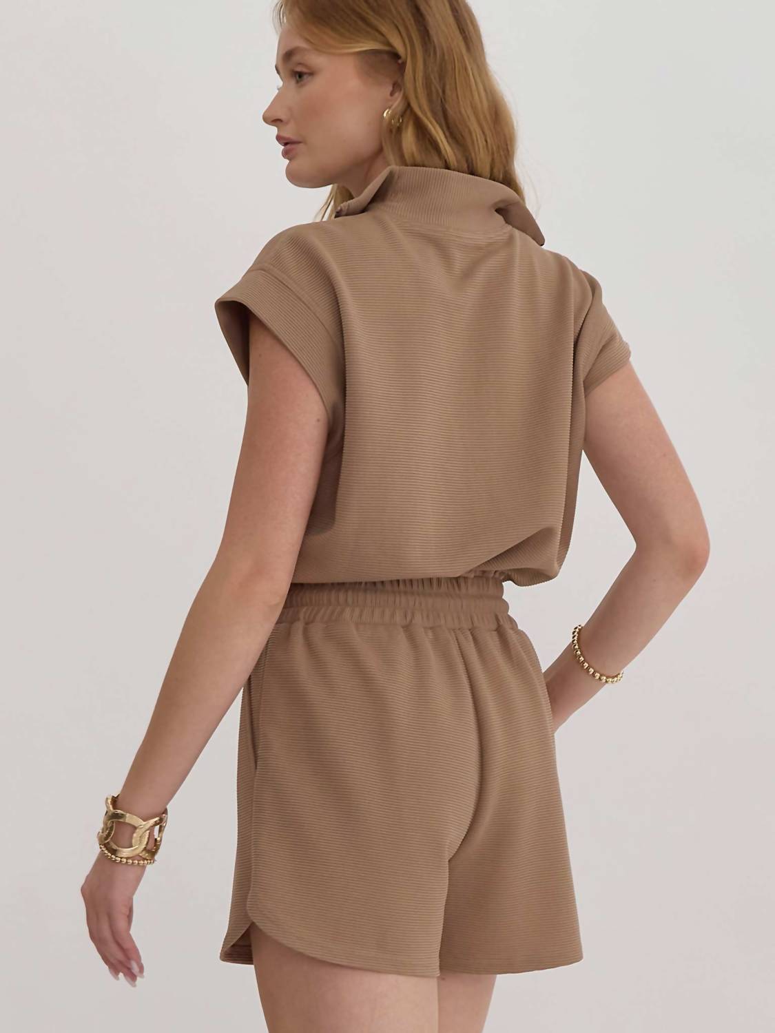 Entro - Women's Solid Ribbed Half Zip Short Sleeve Romper