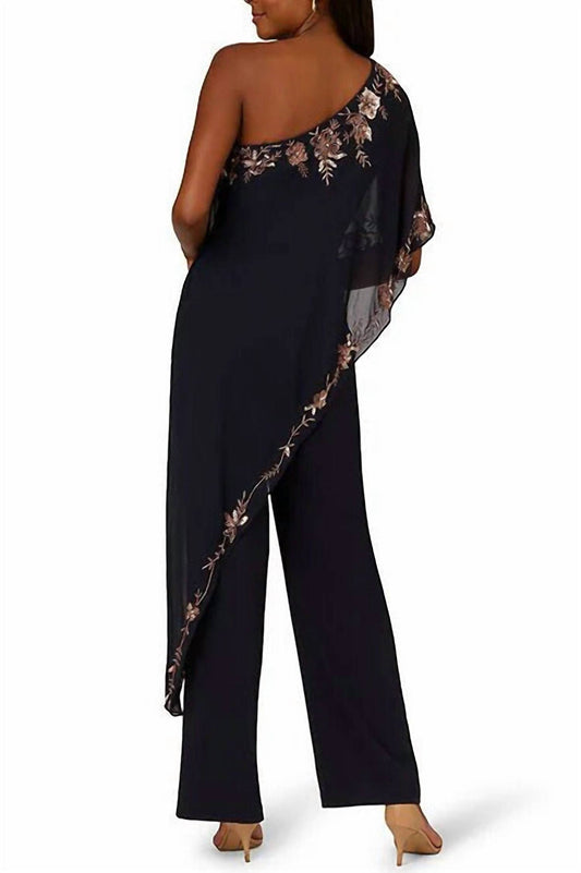Adrianna Papell - Beaded Overlay One Shoulder Straight Leg Jumpsuit