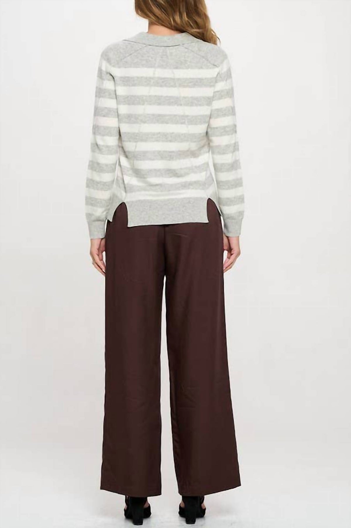 Renee C - Striped Knit Polo Collar neck Long Sleeve sweater
