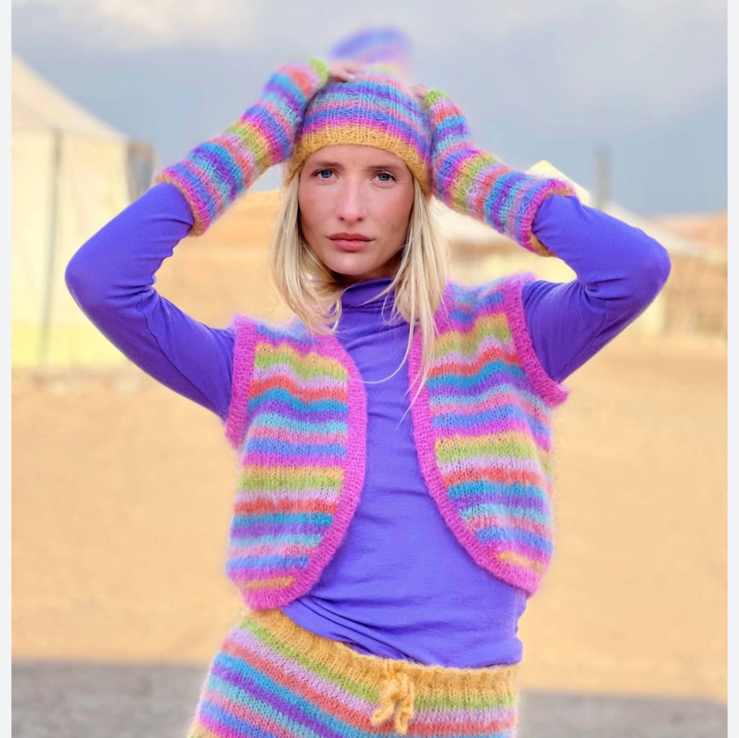 Rose Carmine - Baby Mohair Striped Hat