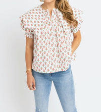 Karlie Floral Collar Button Top in ivory - women's blouse