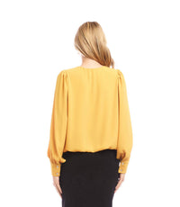 Karen Kane Puff Sleeve V-neck Top - Petite in gold - women's long sleeve top - detail view