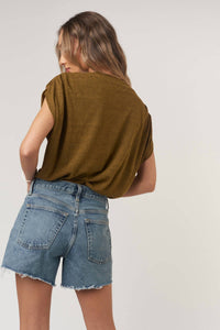 PROJECT SOCIAL T Estelle Heathered Pleated Shoulder Tee in cinnamon - women's t-shirt - detail view