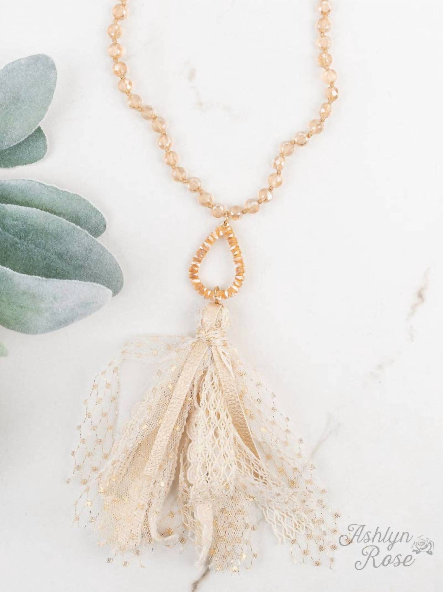 Southern Grace - Women's Beaded Teardrop Pendant Necklace With Lace Tassel