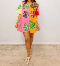Queen Of Sparkles - Colorblock Cotton Palm Leaf Short Sleeve Dress