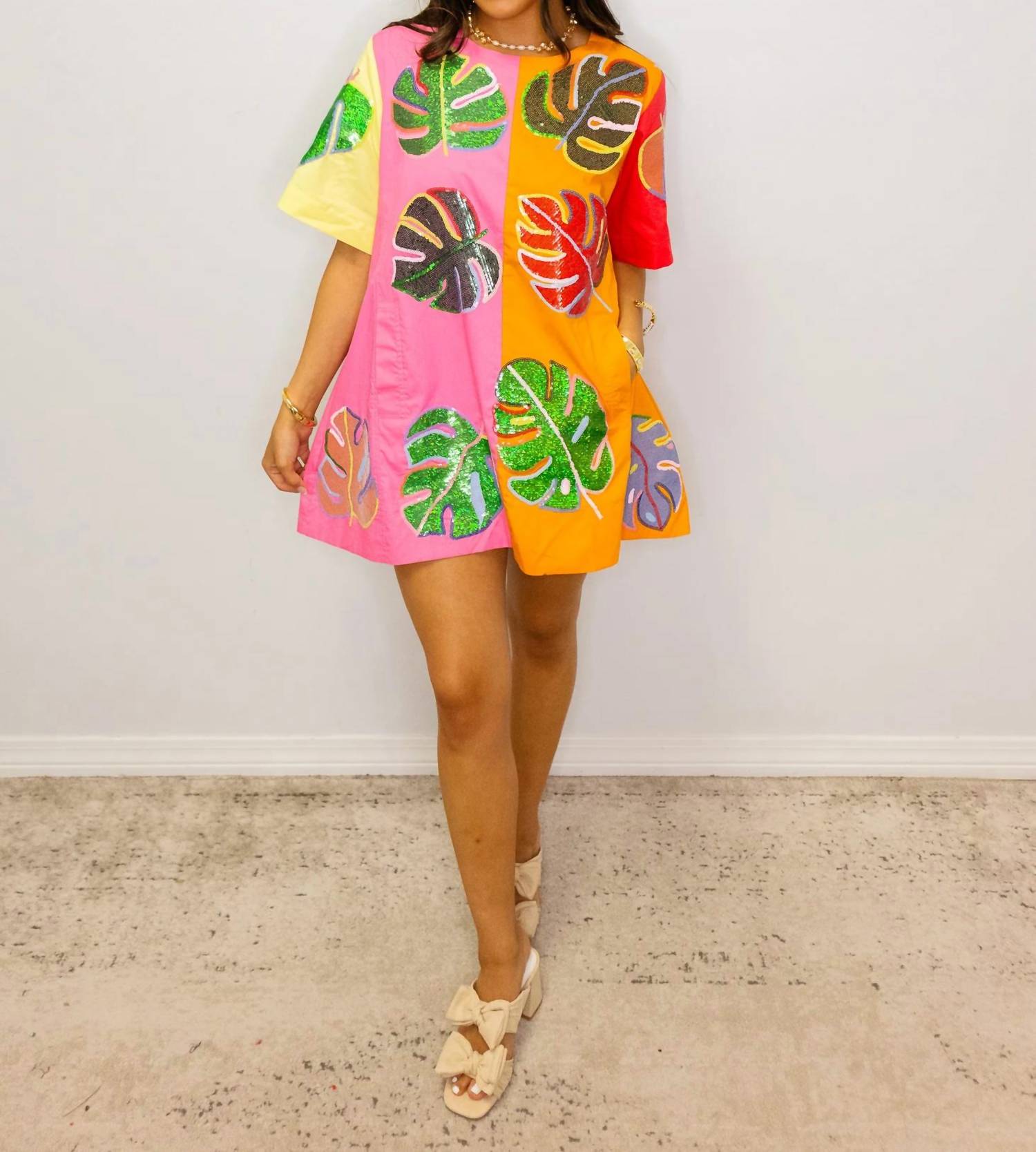 Queen Of Sparkles - Colorblock Cotton Palm Leaf Short Sleeve Dress