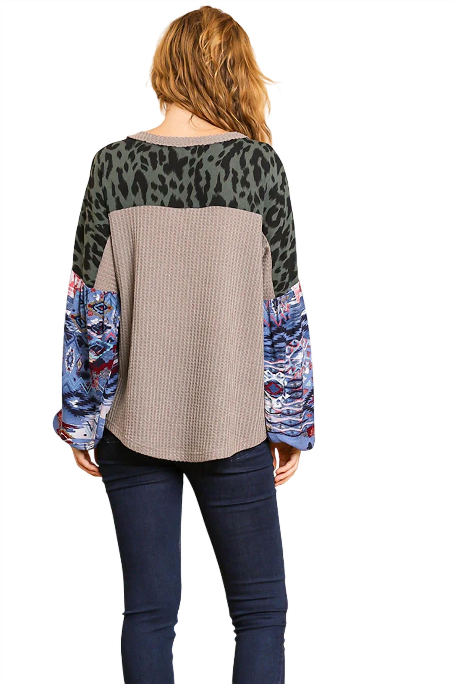 Umgee - Animal & Aztec Waffle Knit Top