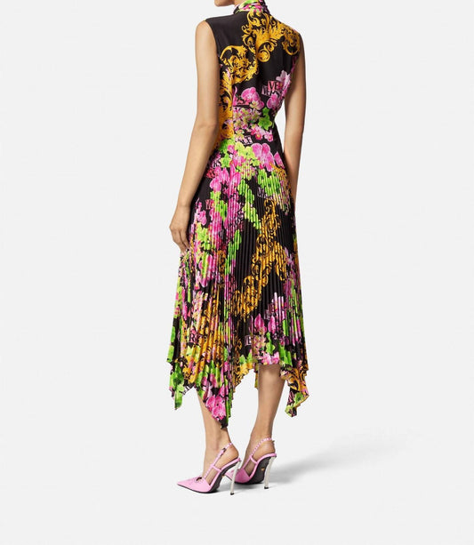 Versace - Floral Printed Asymmetric Pleated Dress