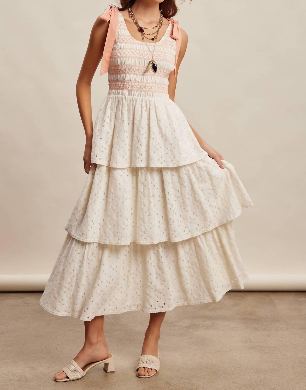 Listicle - Smocked Tie Shoulder Lace Maxi Dress