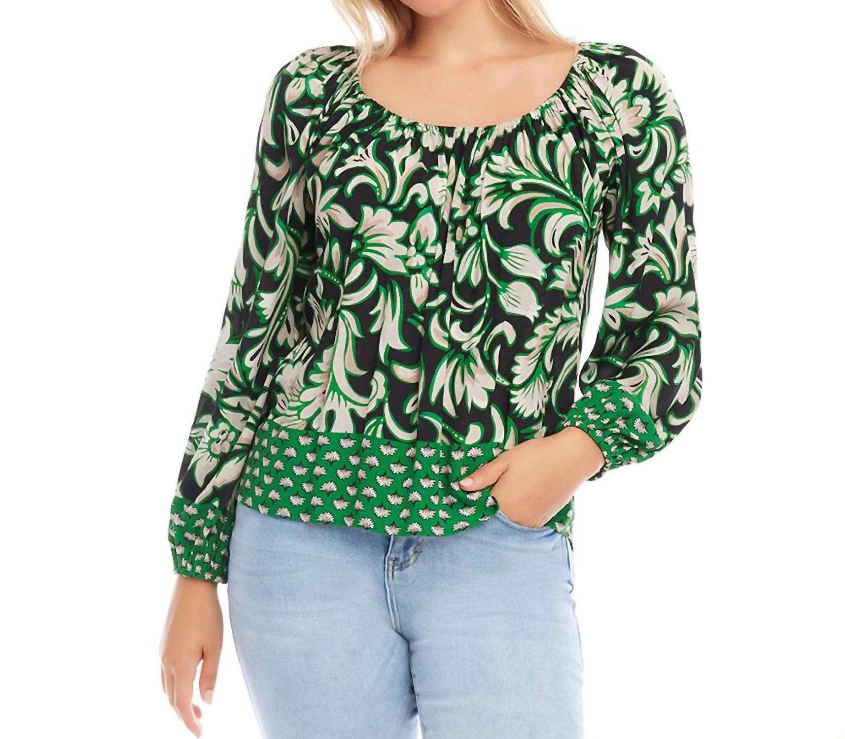 Karen Kane Barbara Border Print Top in green multi - women's blouse