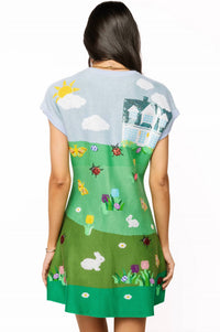 Queen Of Sparkles - Easter Bunnies & Eggs In Yard Scene Knit Short Sleeve Dress