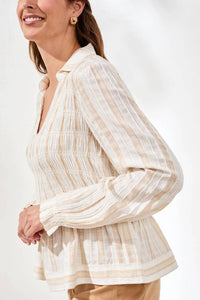 Tribal - Crinkled U‑neck Long Sleeve Smocked Blouse
