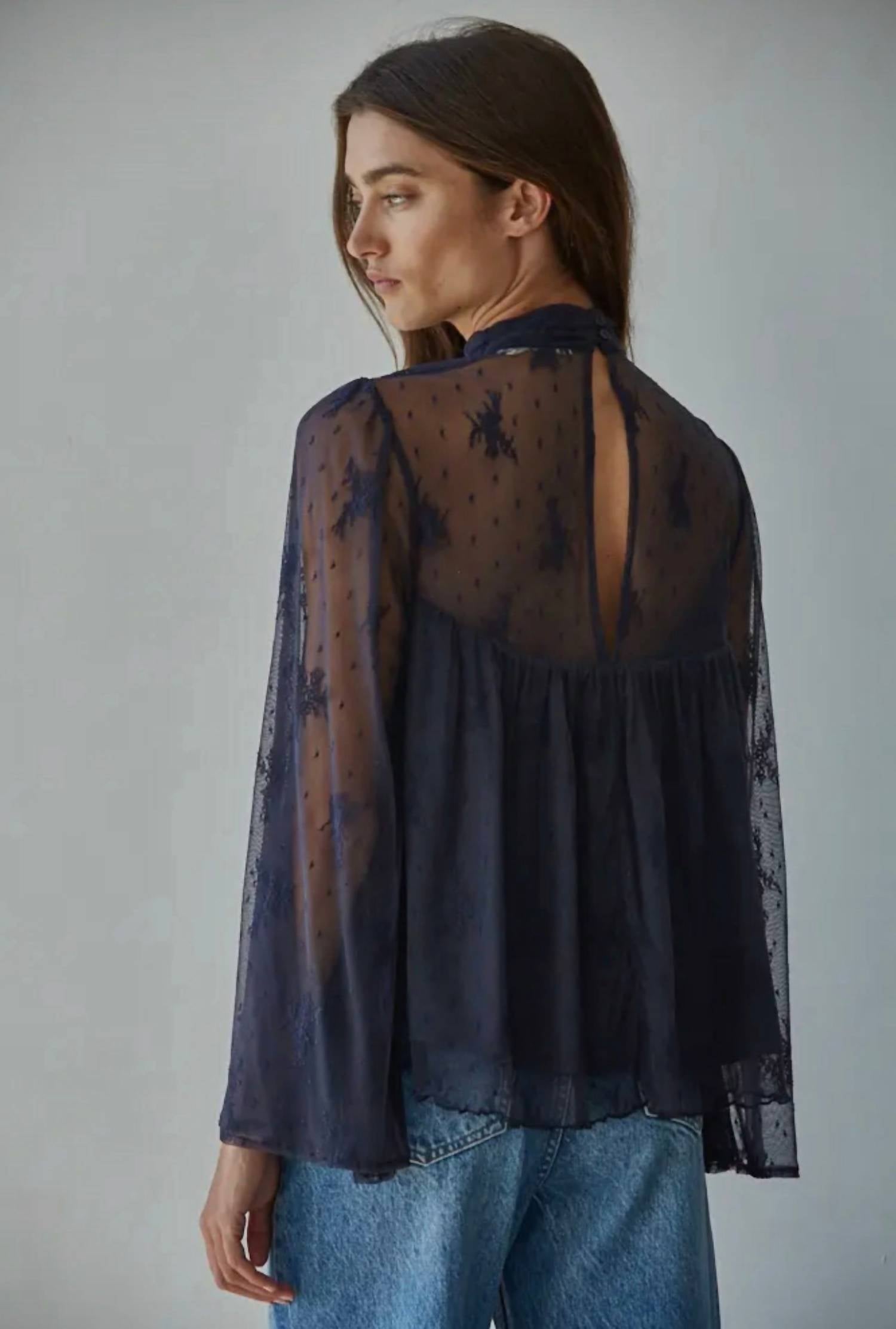 By Together Lace Bell Sleeve Top in navy - women's long sleeve top - alternate view