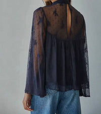 By Together Lace Bell Sleeve Top in navy - women's long sleeve top - detail view
