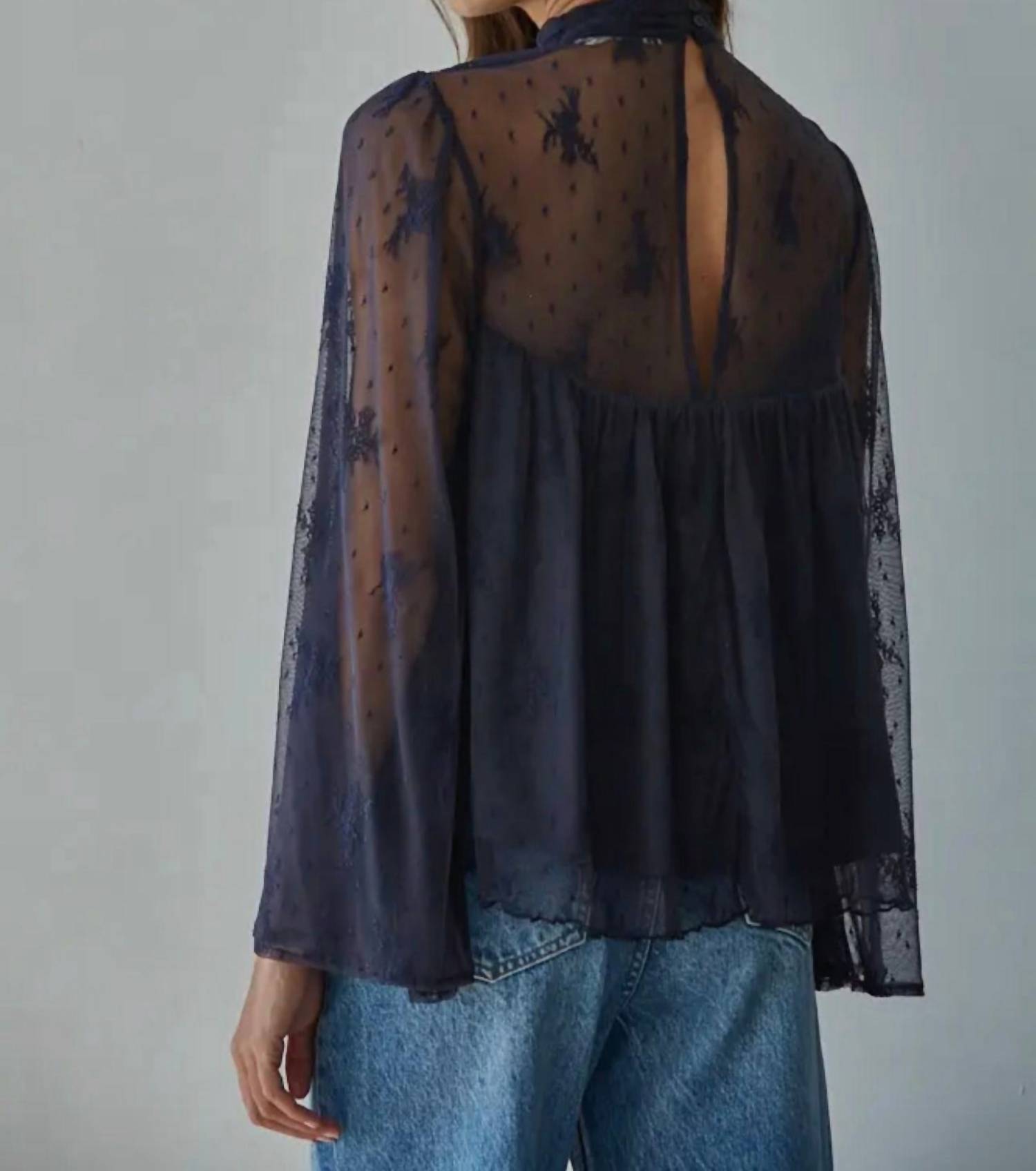 By Together Lace Bell Sleeve Top in navy - women's long sleeve top - detail view
