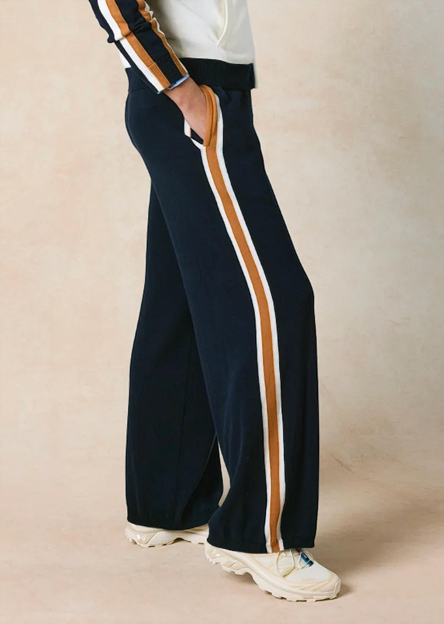 Brodie Cashmere Valerie Stripe Wide Leg Pant in black ivory dove - women's pants - detail view