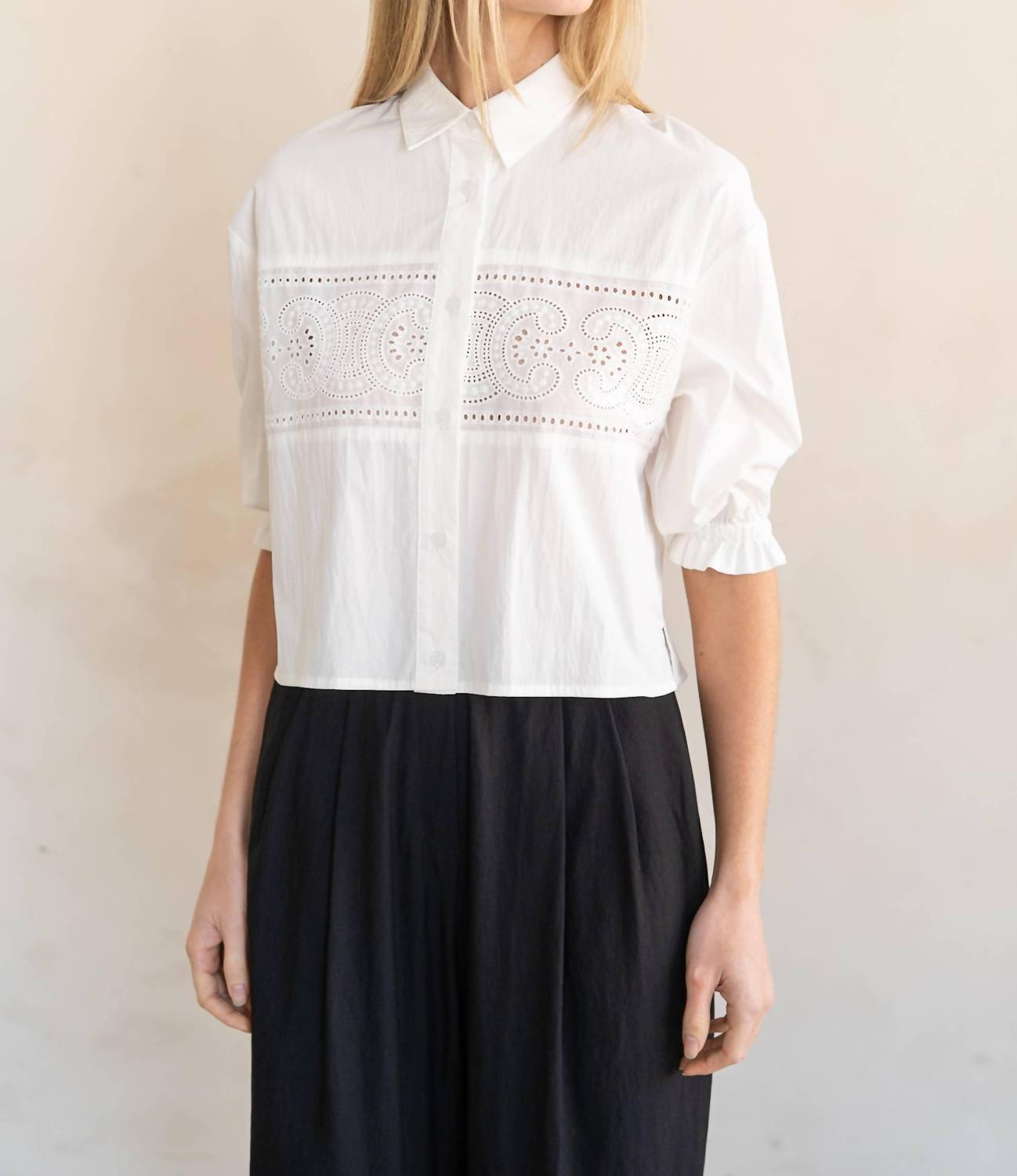Elle Grey - Eyelet Lace Panel Button-up Blouse