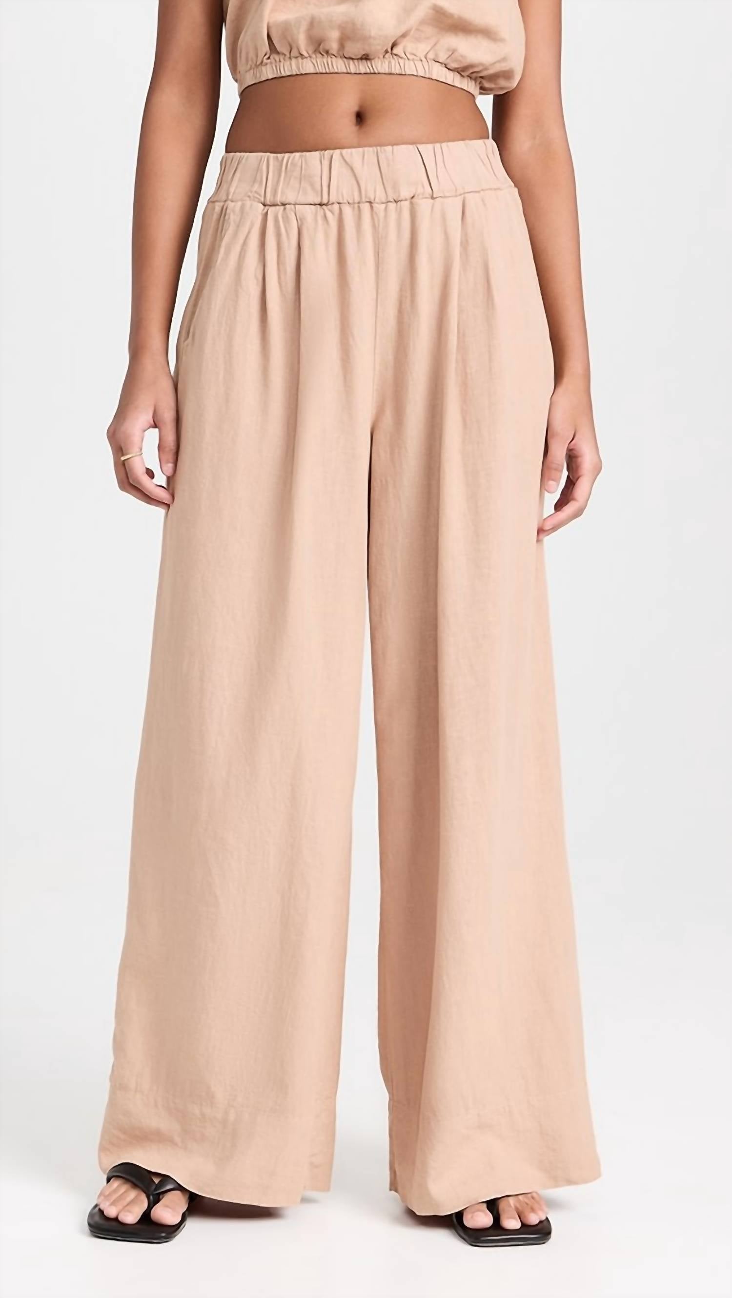 STATESIDE Linen Wide Leg Pull On Pant in almond - women's pants