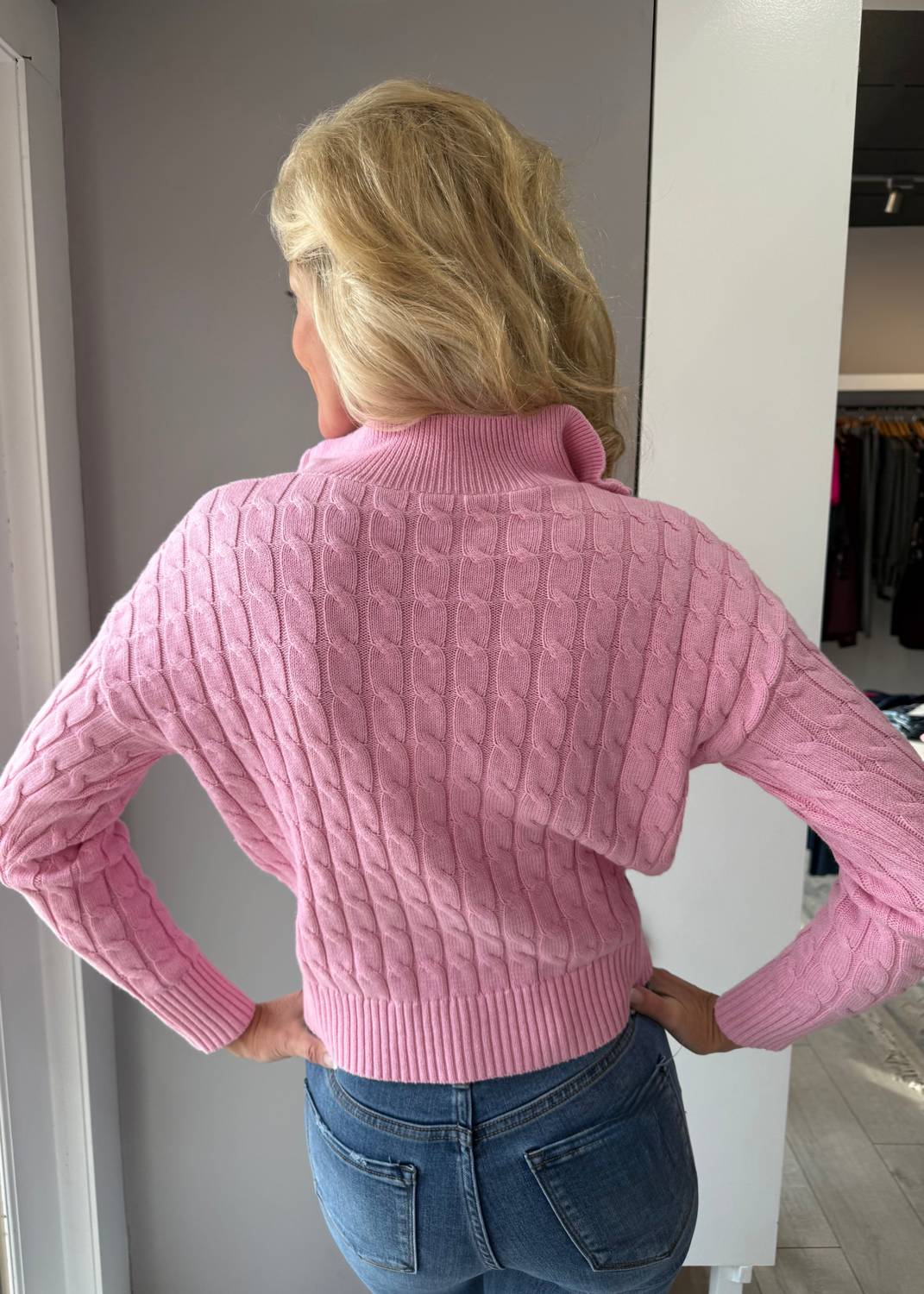 J. Society Poppy Cable Long Sleeve Sweater in bubblegum - women's sweater - detail view