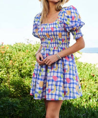 DAVI & DANI Smocked Checker Fruits Print Mini Dress in multi - women's dress