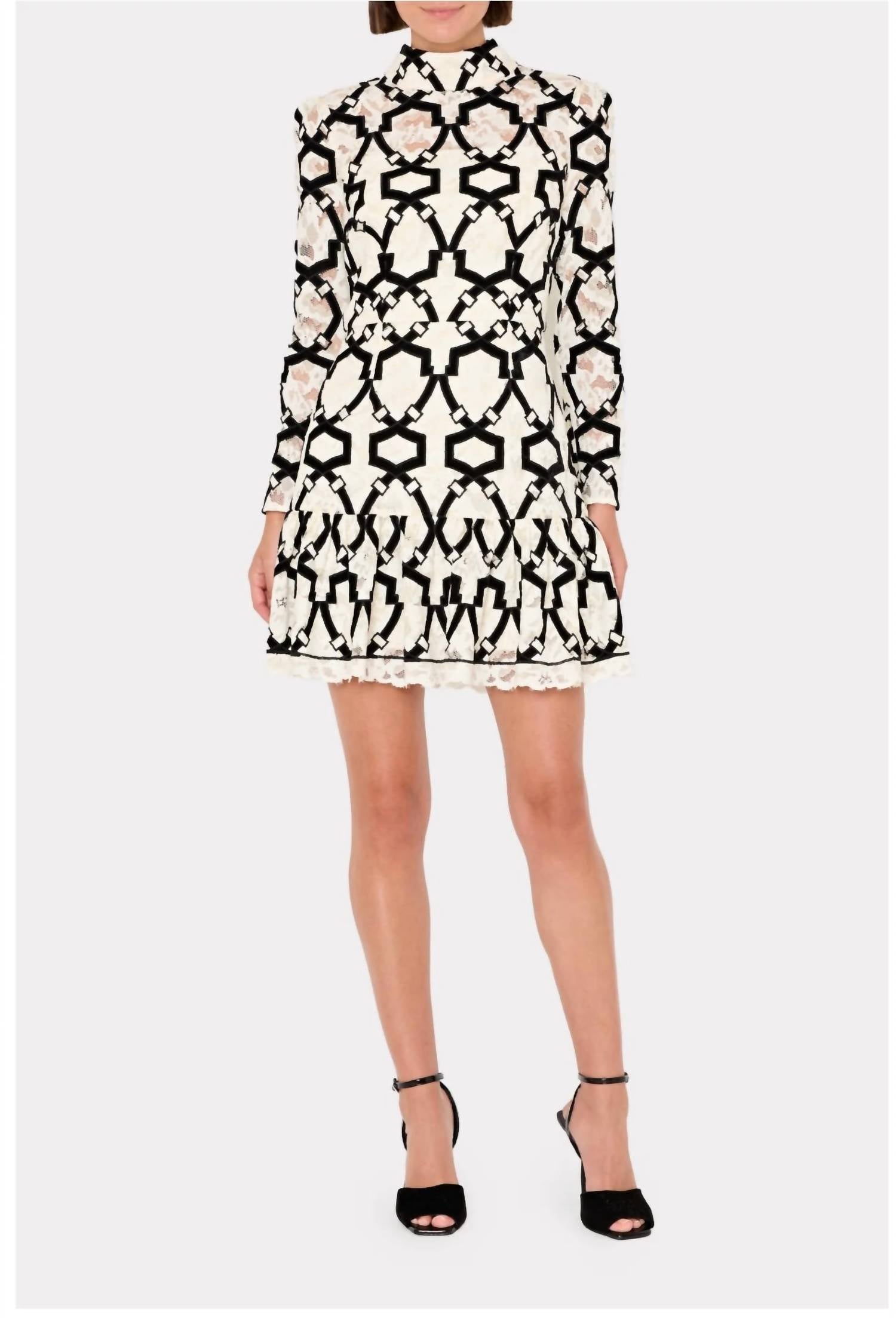Milly - Women's Willa Velvet Flock Lace Mock Neck Dress