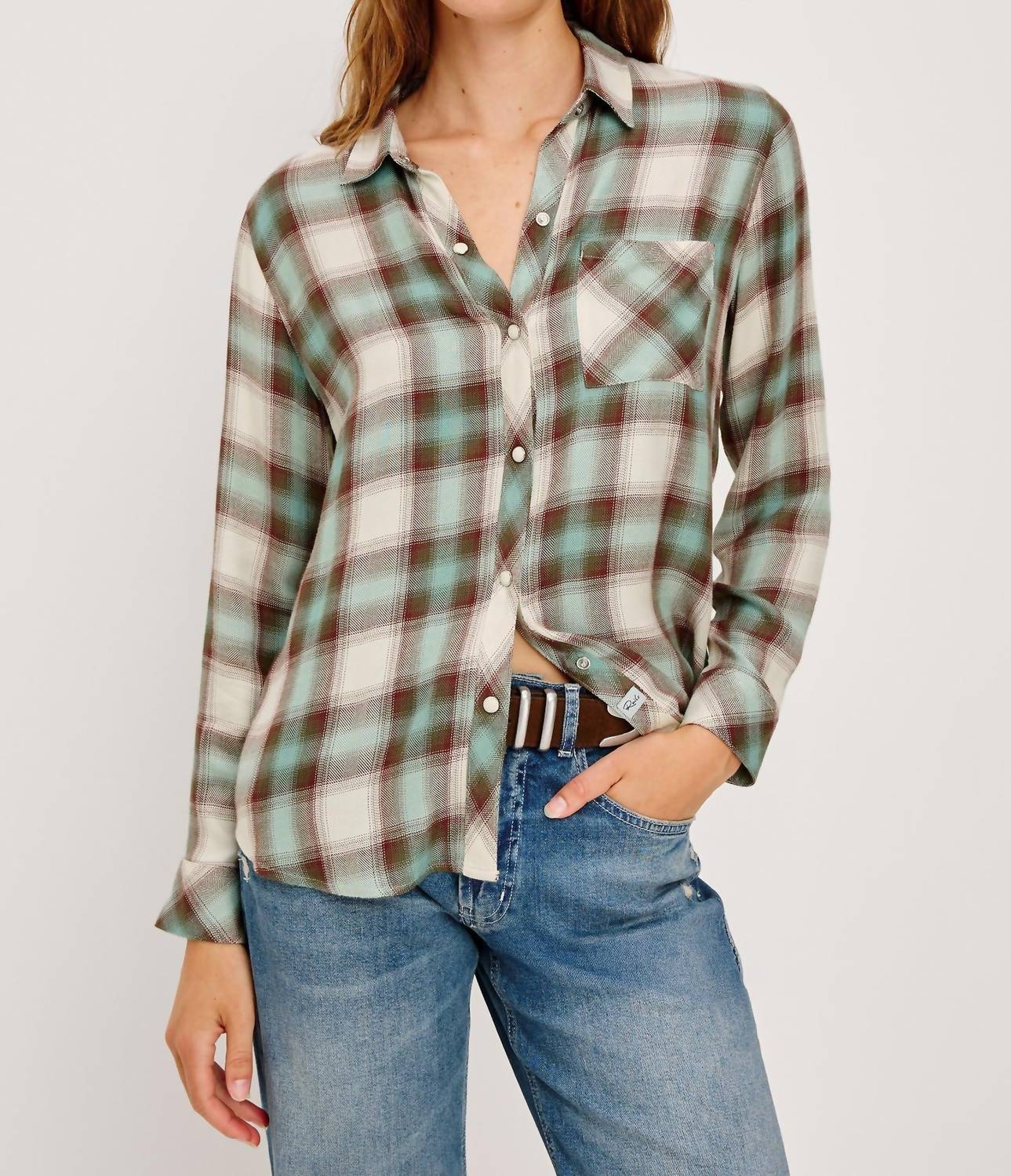 Rails Hunter Button Down Shirt in birch olive teal - women's shirt