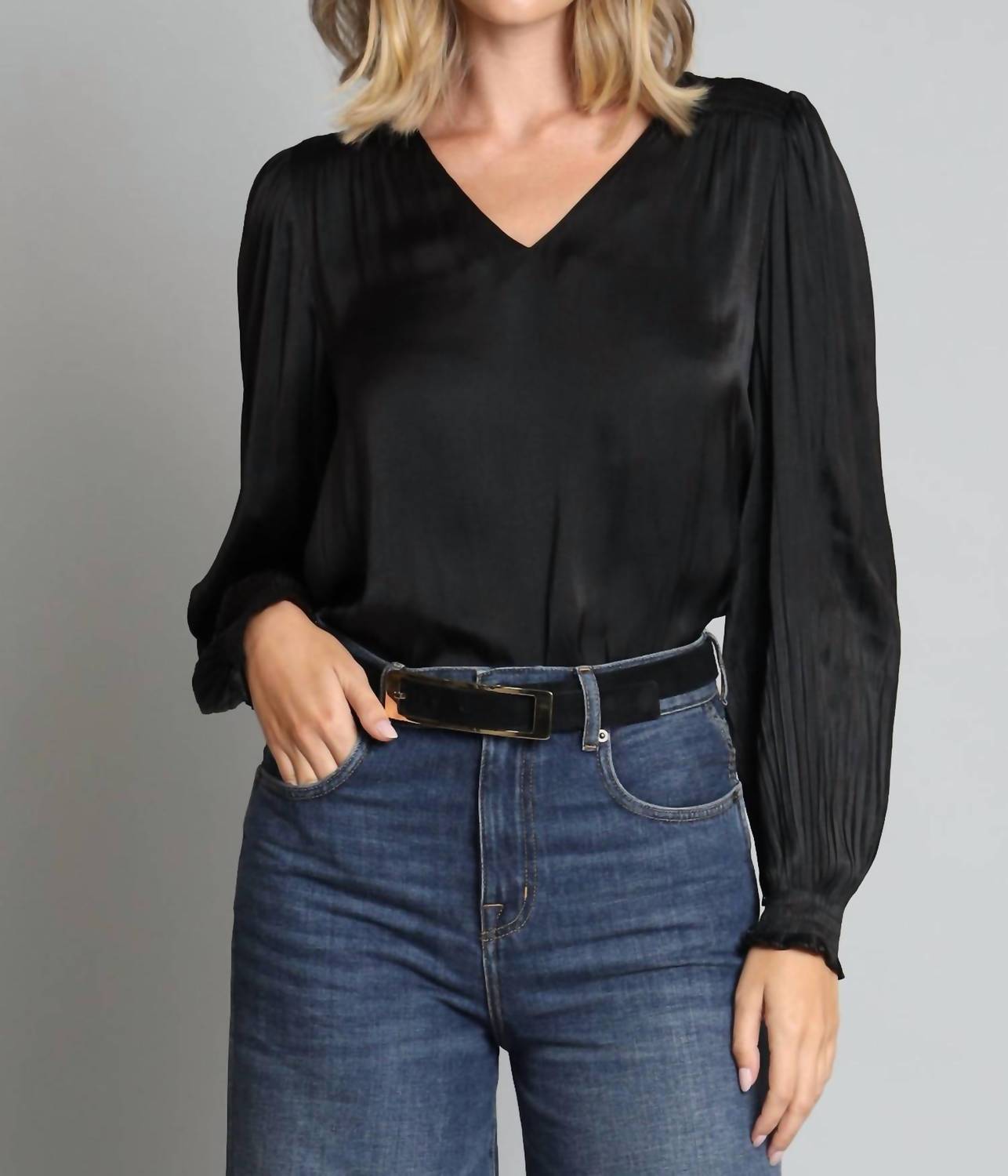 Lola & Sophie Pleated Sleeve V-neck Top in black - women's long sleeve top
