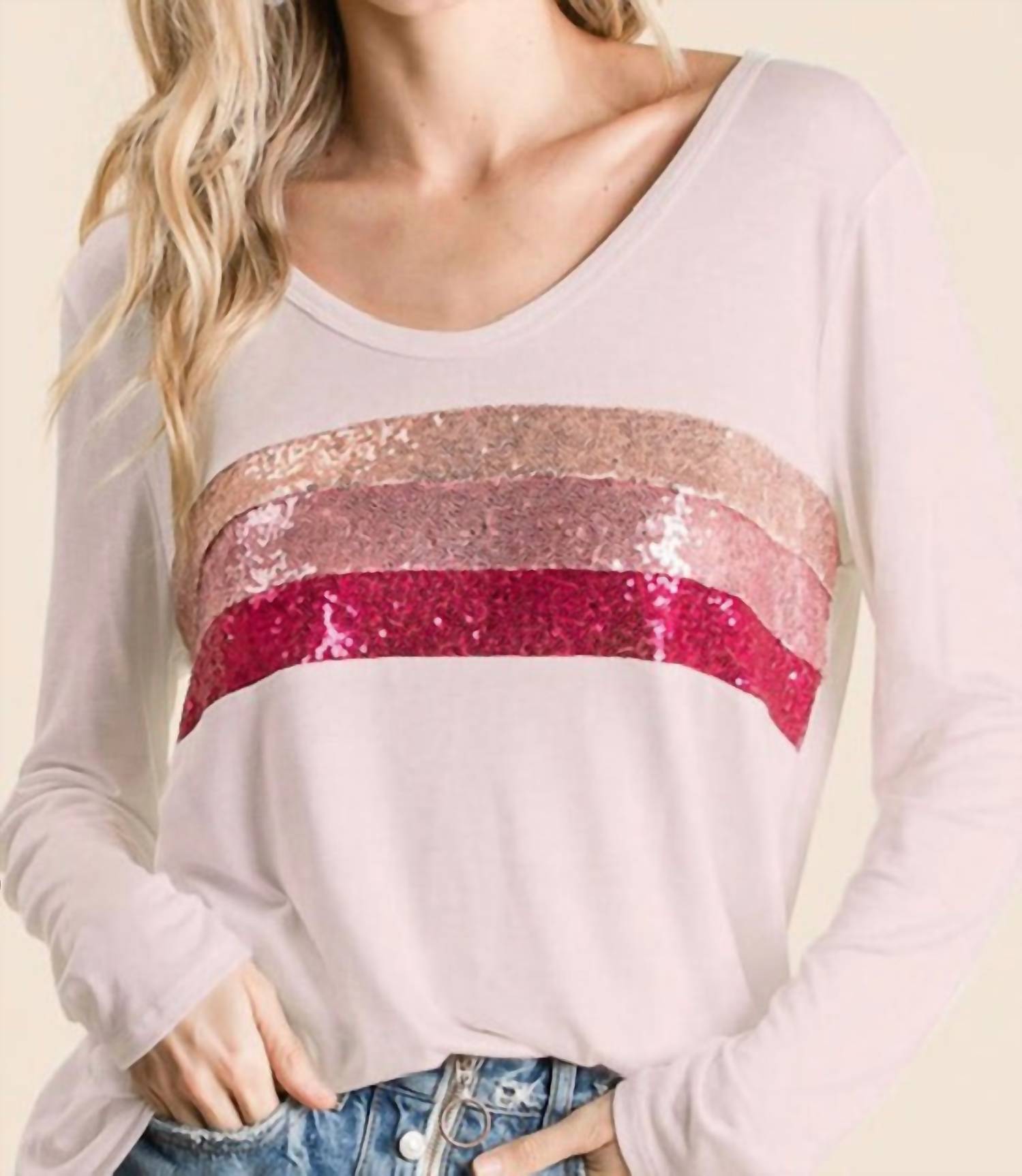 BiBi Mandy Sequin Long Sleeve Top in pink - women's long sleeve top