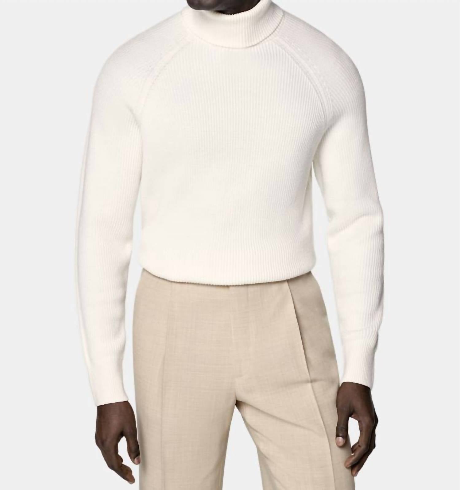 SUITSUPPLY Ribbed Merino Wool Turtleneck Sweater - Plus in off white - men's sweater