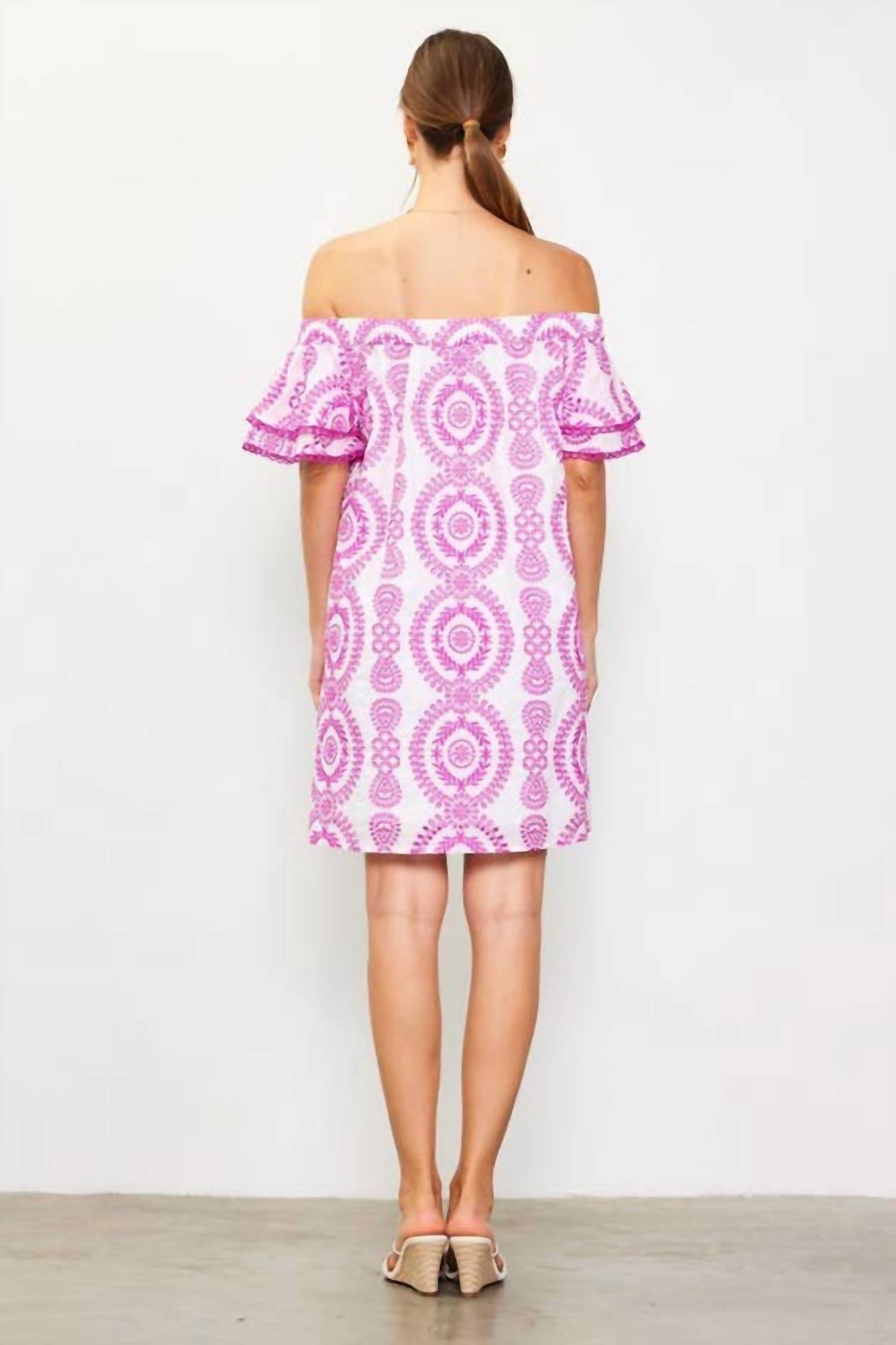 Skies Are Blue - Embroidered Eyelet Off-shoulder Dress