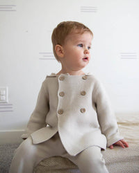 VIVERANO Organics Kid's Hooded Double Button Coat Jacket in stone - kids' shirt - alternate view
