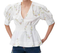 Ganni - Pre-loved Poplin Puff Sleeve V Neck Blouse With Smocked Shirred Waist