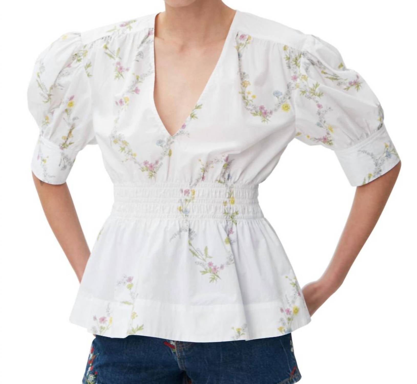 Ganni - Pre-loved Poplin Puff Sleeve V Neck Blouse With Smocked Shirred Waist