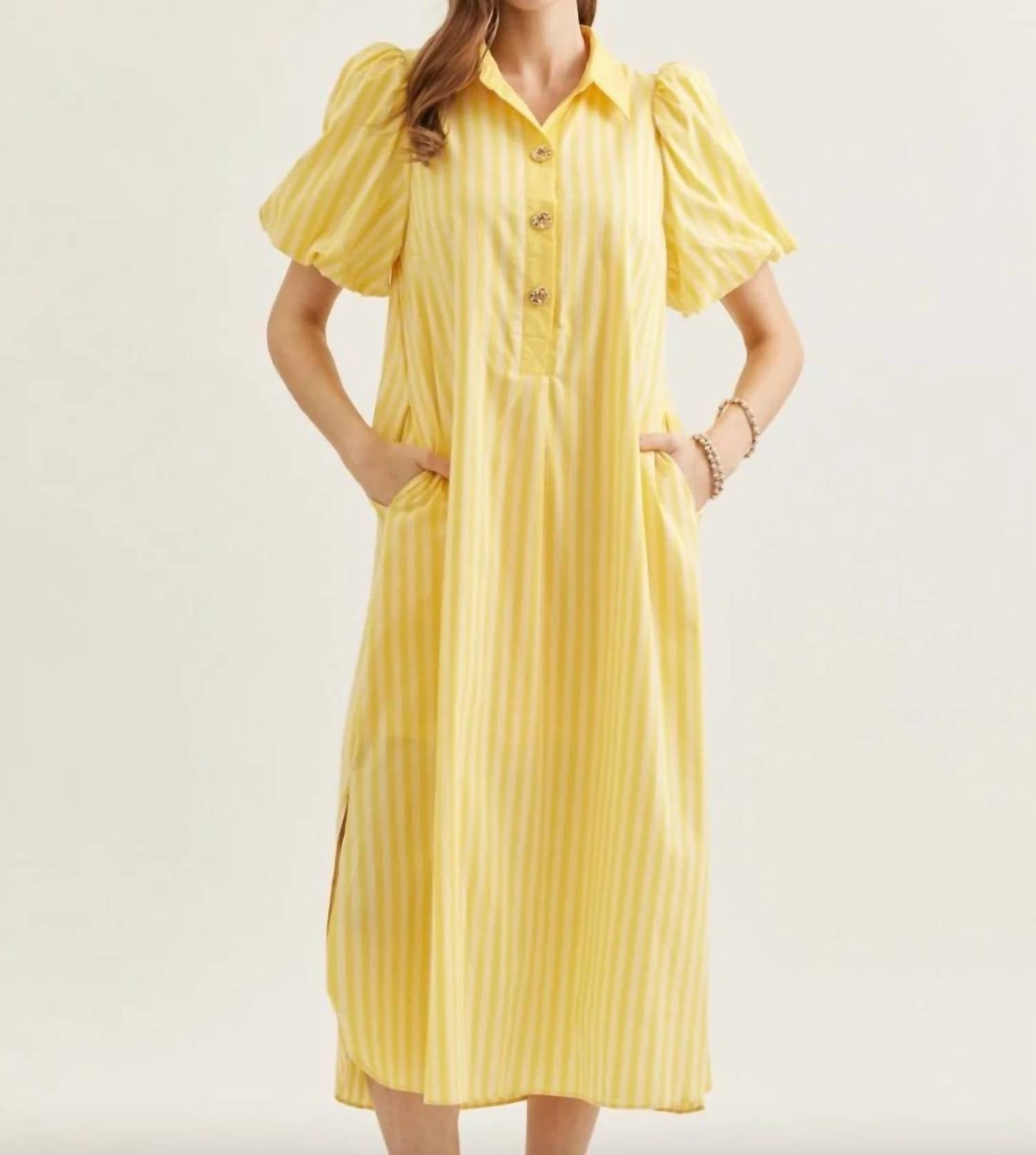Entro - Striped Short Puff Sleeve Midi Dress