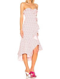 JONATHAN SIMKHAI Speckle Print Asymmetric Ruffle Dress in hibiscus red print - women's dress - detail view
