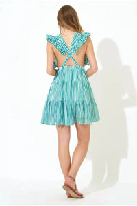Oliphant Striped Cross Back Dress in green and white - women's dress - detail view