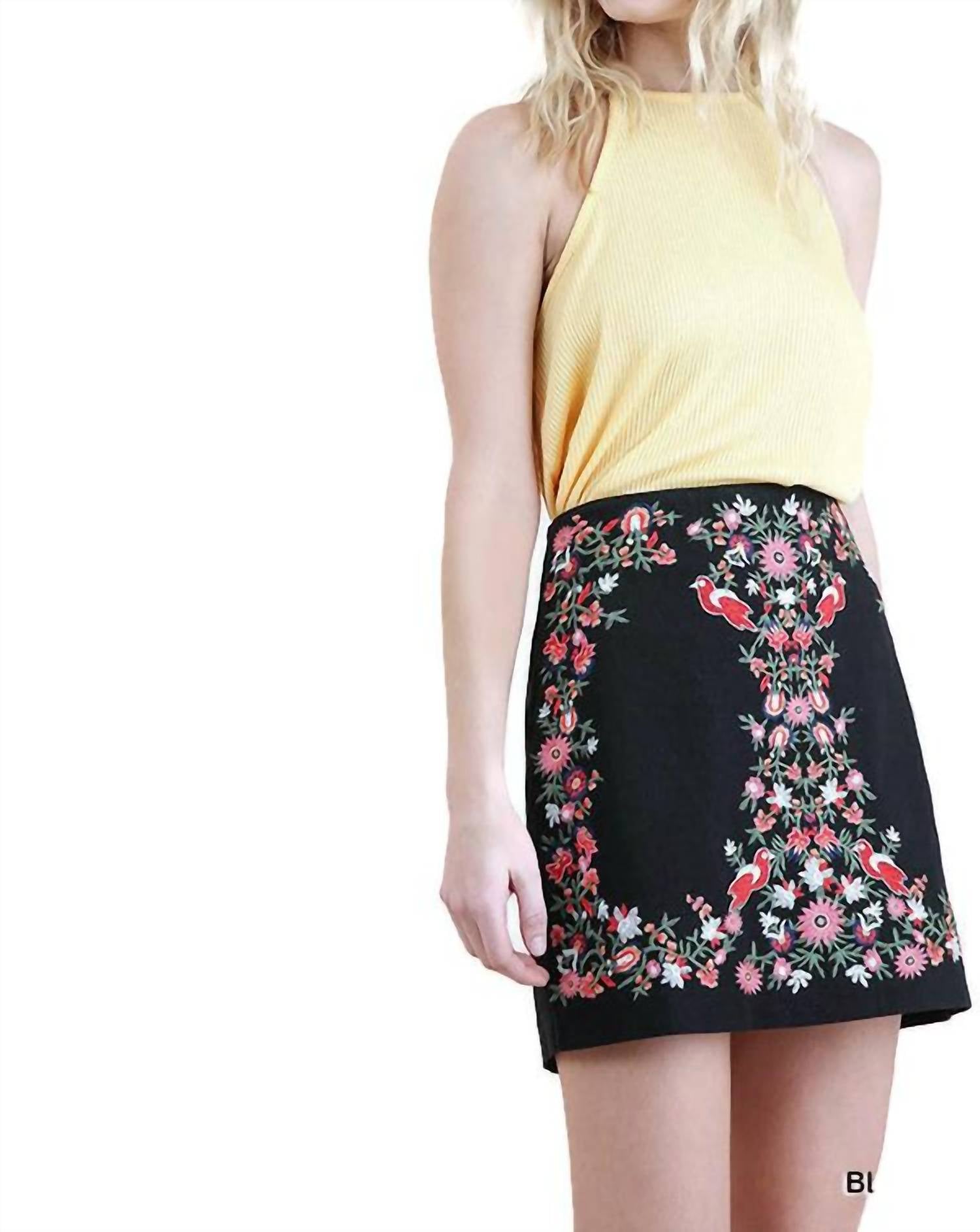 umgee Floral Embroidered High Waist Mini Skirt in black - women's skirt - view 4