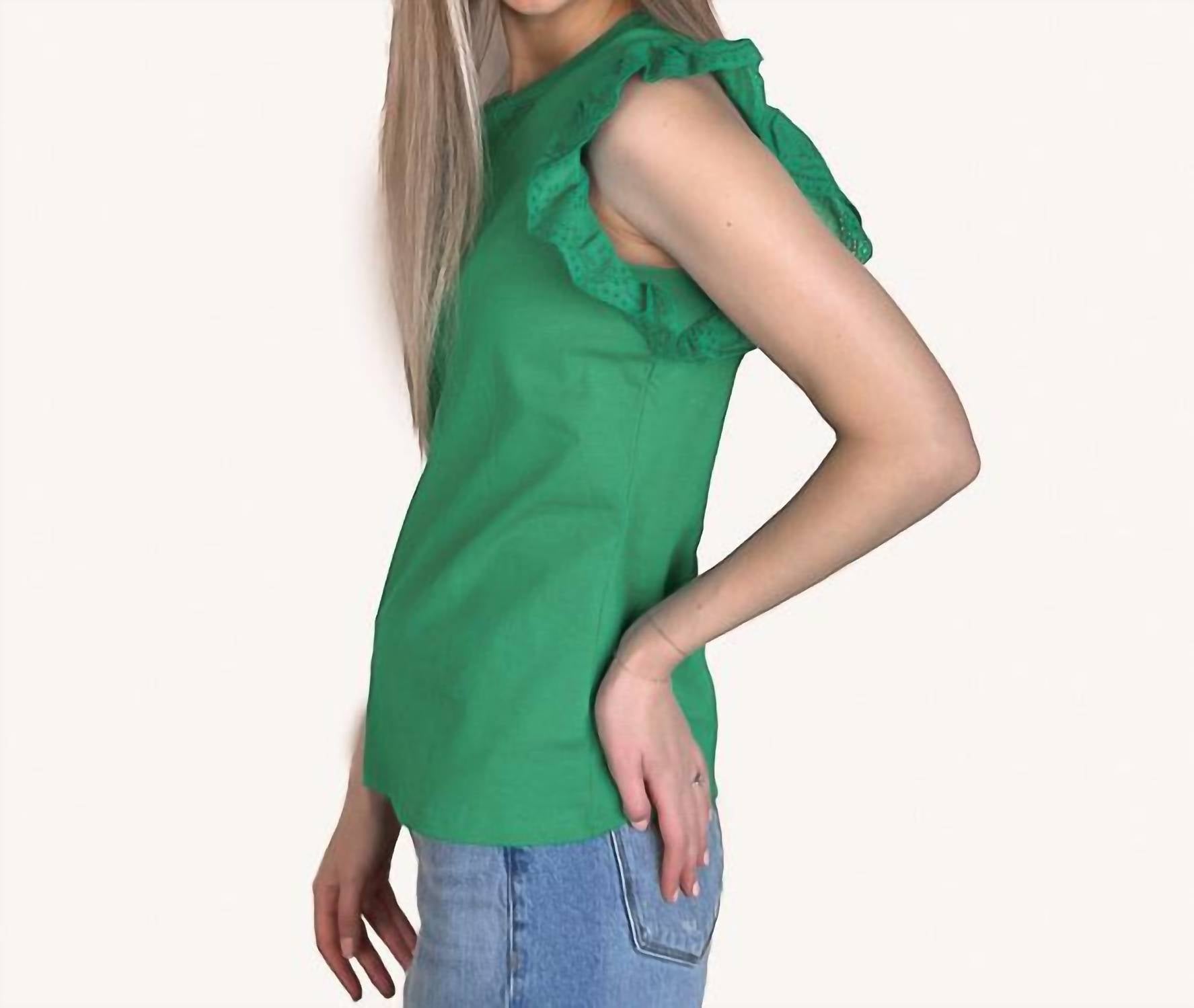 Shiying Fashion - Embroidered Ruffled Sleeve Crew Neck Top