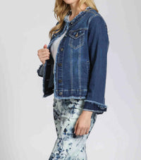 Apny - Collarless Jean Jacket With Frayed Detail
