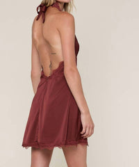 Golden - Erixa Satin Halter Tie Neck Open Back Plain Mini Dress