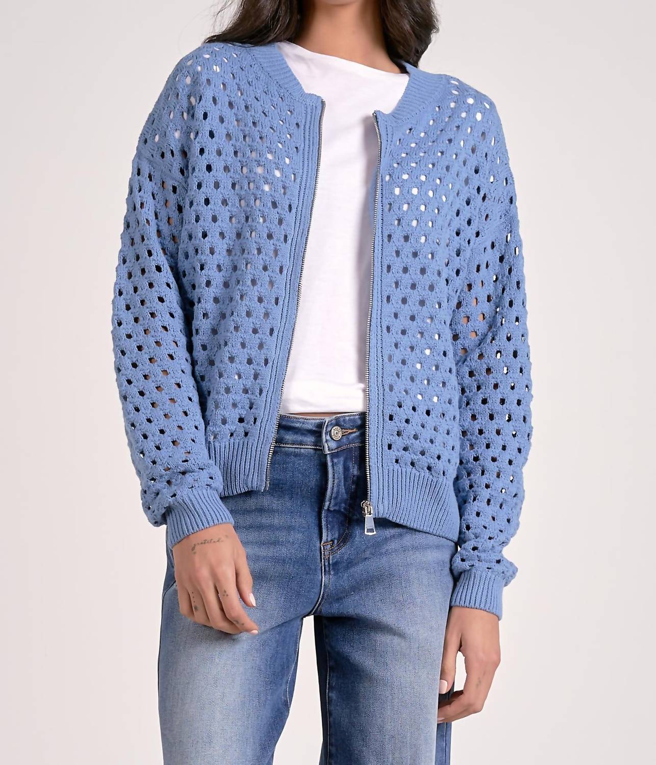 Elan - Breezy Beauty Open Weave Zip Sweater