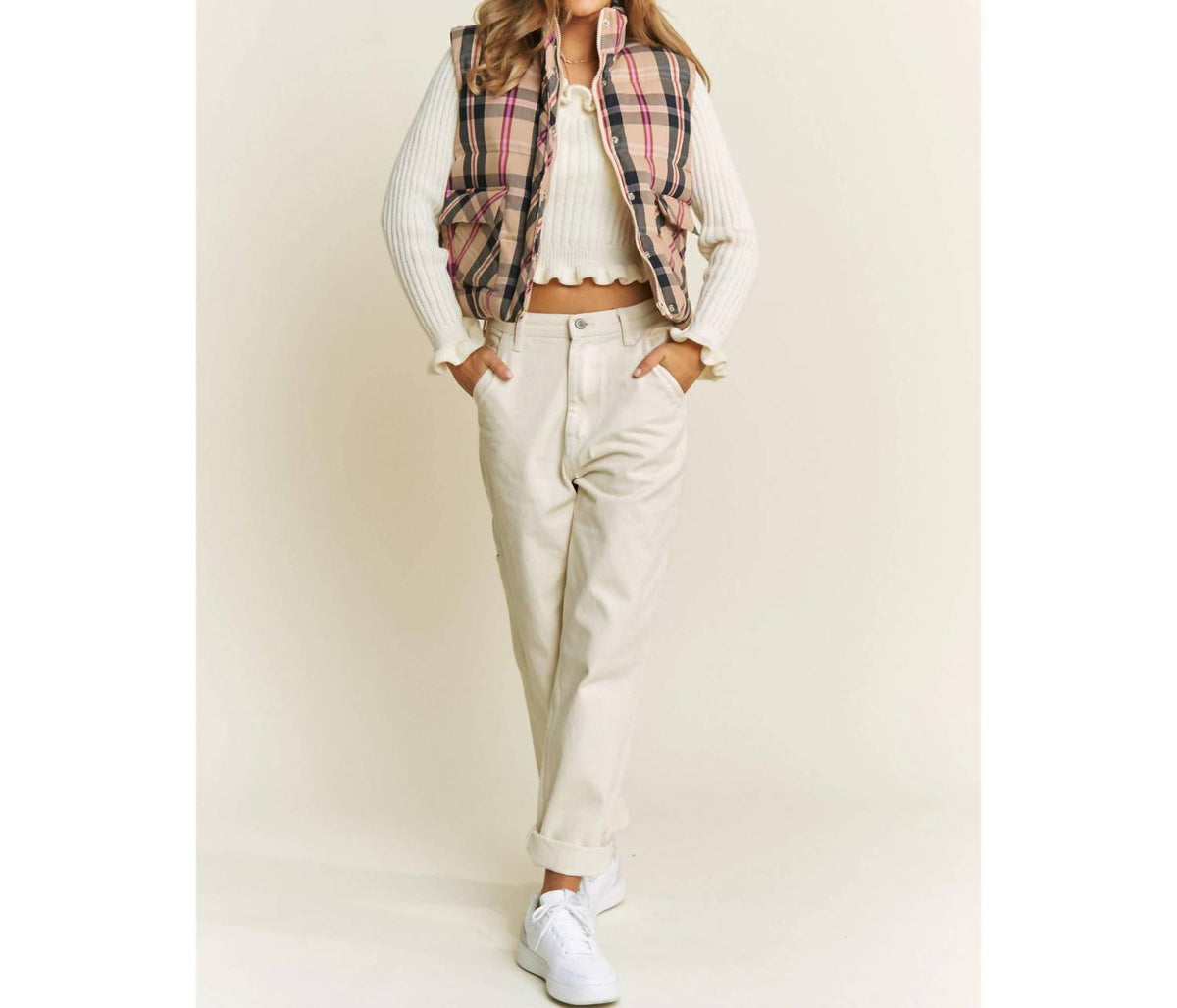 Sweet Generis - Women's Plaid Crop Puffer Vest